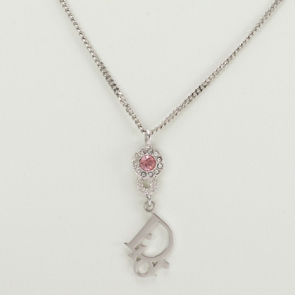 Christian Dior Logo Motif Pink Rhinestone Necklace Silver Accessories - Picture 3 of 5